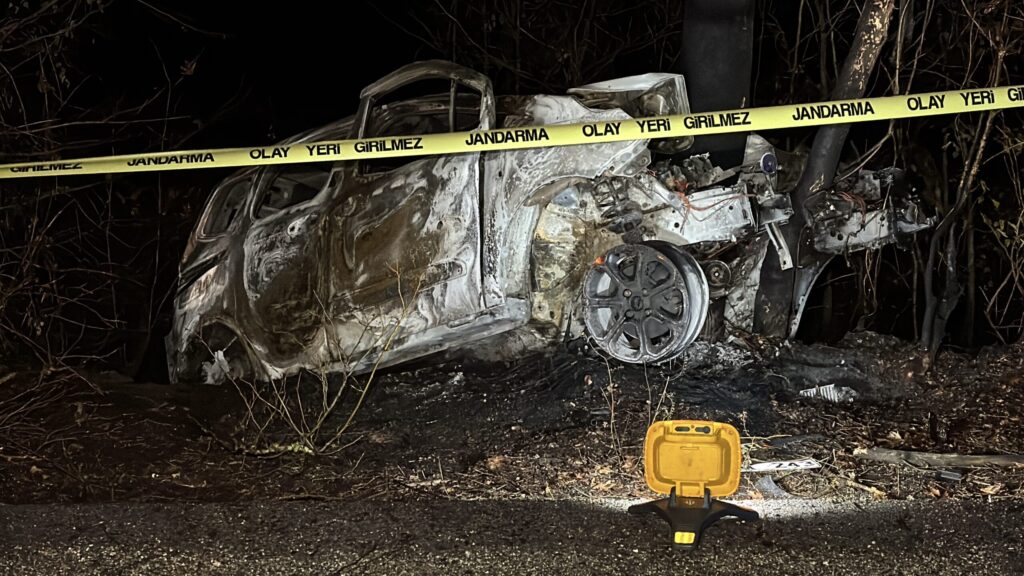 Ağaca çarpan aracın sürücüsü yanarak öldü